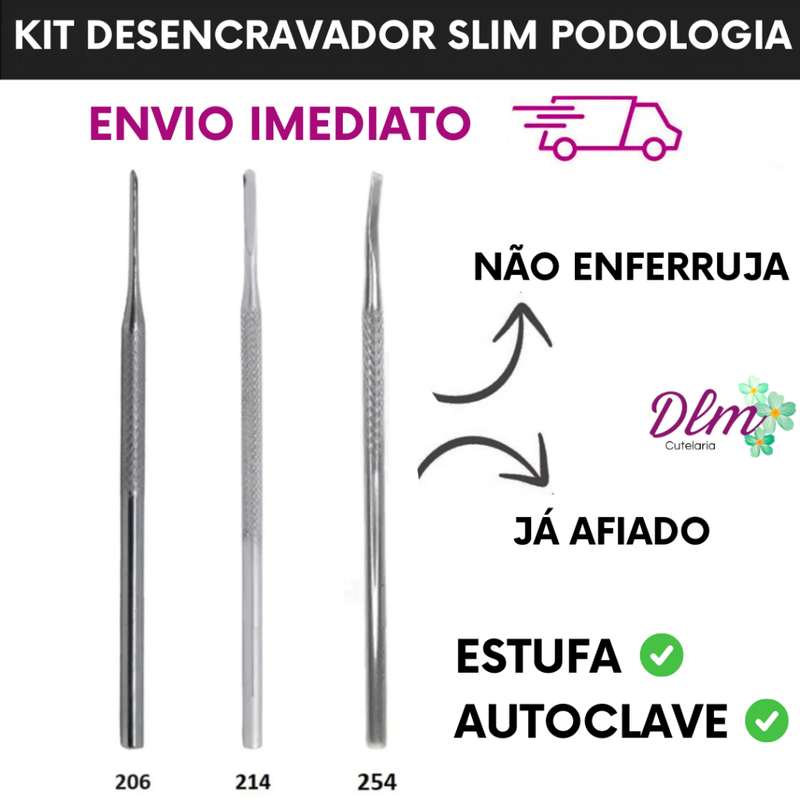 Kit Espátula Desencravador Podologia Slim - 3 Peças N206, N214 e Formão N254 Manicure Pedicure Cutelaria