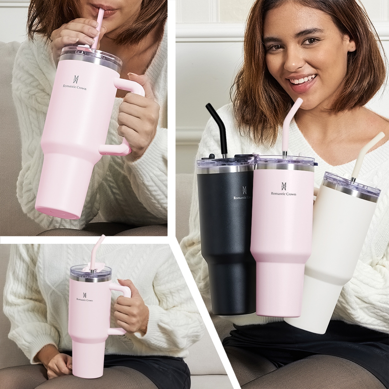 ROMANTIC CROWN Copo Térmico Inox Portátil 1200ml/600ml/1.2L Garrafa Térmica Inoxidável com Tampa e Canudo