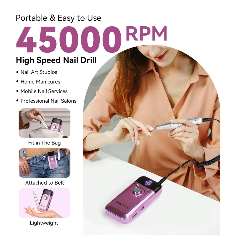 Lixadeira Elétrica Para Unhas 45000RPM Profissional Portátil Recarregável Nail Drill Kit Completo Gel Acrílico + Brocas