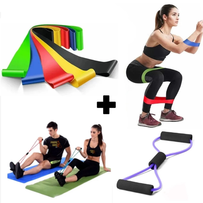 Kit Elástico de Treino Mini Band + Elástico Tensão Extensor Exercício Treino Funcional Fisioterapia em Casa
