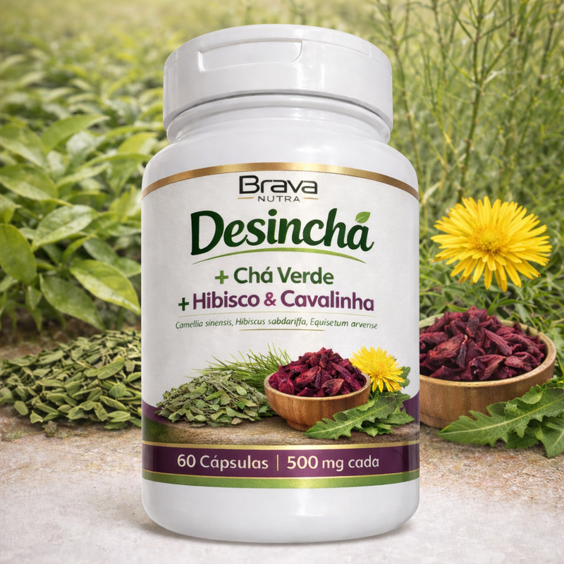 Desinche Já | Chá Verde + Hibisco + Cavalinha | Reduz Inchaço | 60 Cápsulas